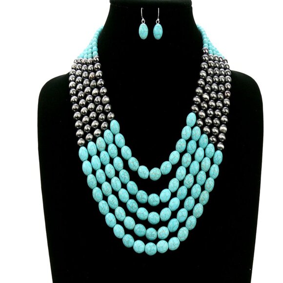 The Neva Stone & Navajo Beaded Turquoise Silver Necklace & Earrings SET NEW - Picture 1 of 4